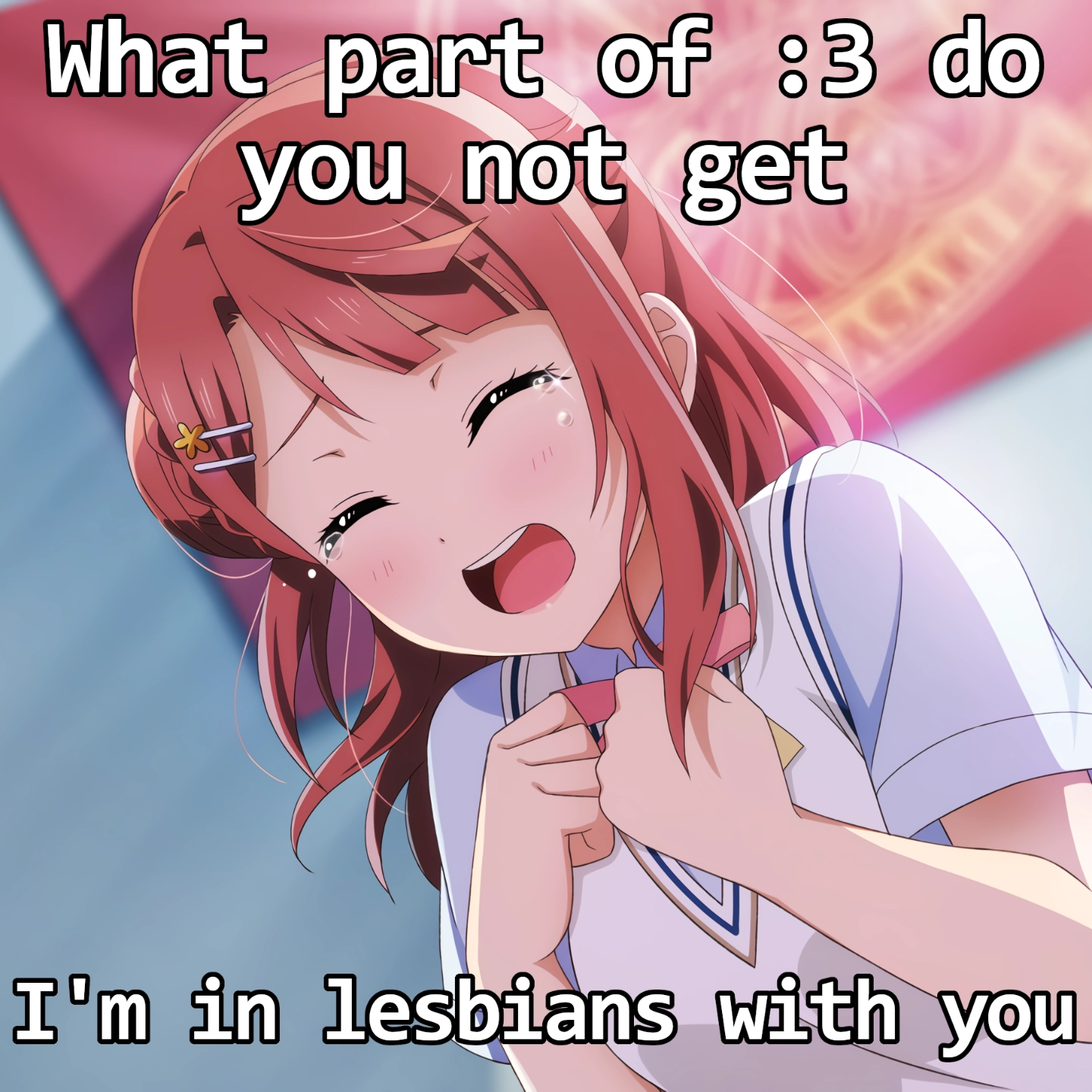 What part of :3 do you not get

I'm in lesbians with you