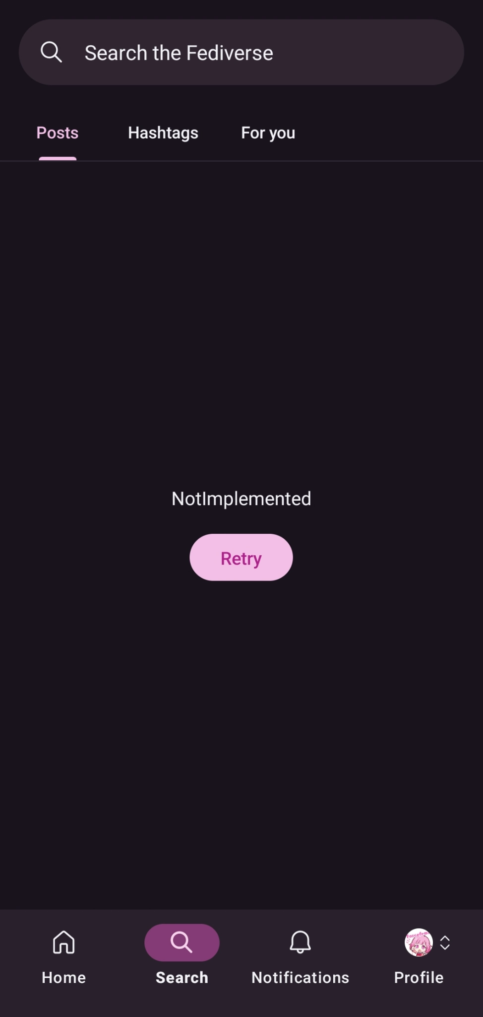 moshidon search tab, with a NotImplemented error