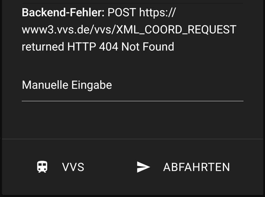 Ein Teil von der Travelynx-Startseite mit der Fehlermeldung „Backend-Fehler: POST https://www3.vvs.de/vvs/XML_COORD_REQUEST returned HTTP 404 Not Found“
